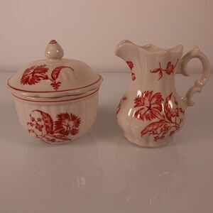 Andrea By Sadek Vintage Williamsburg Red & White Toile Sugar Bowl w/Lid Creamer